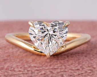 Heart Cut Lab Grown Diamond Engagement Ring, 14K Gold Curved Solitaire (1-3 CT)