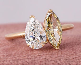 2 TCW Two Tone Pear & Marquise Lab Grown Diamond Engagement Ring 14k Yellow Gold