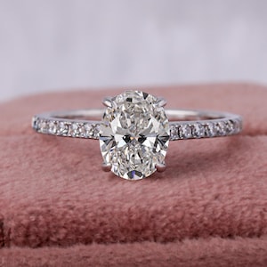 IGI Certified Oval Lab Grown Diamond Engagement Ring: 14K Gold Hidden Halo