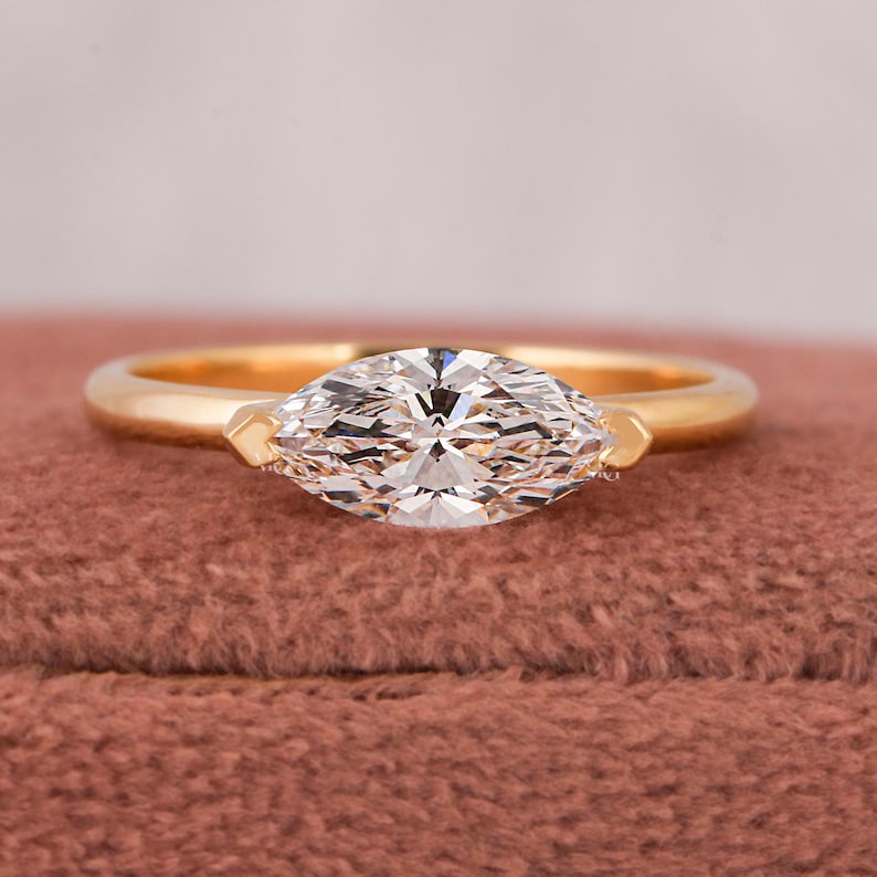 1.00/1.50/2.00/2.50/3.00 CT East West Marquise Cut Lab Grown Diamond Engagement Ring, Unique Solitaire Ring, Solid 14K Yellow Gold Ring.