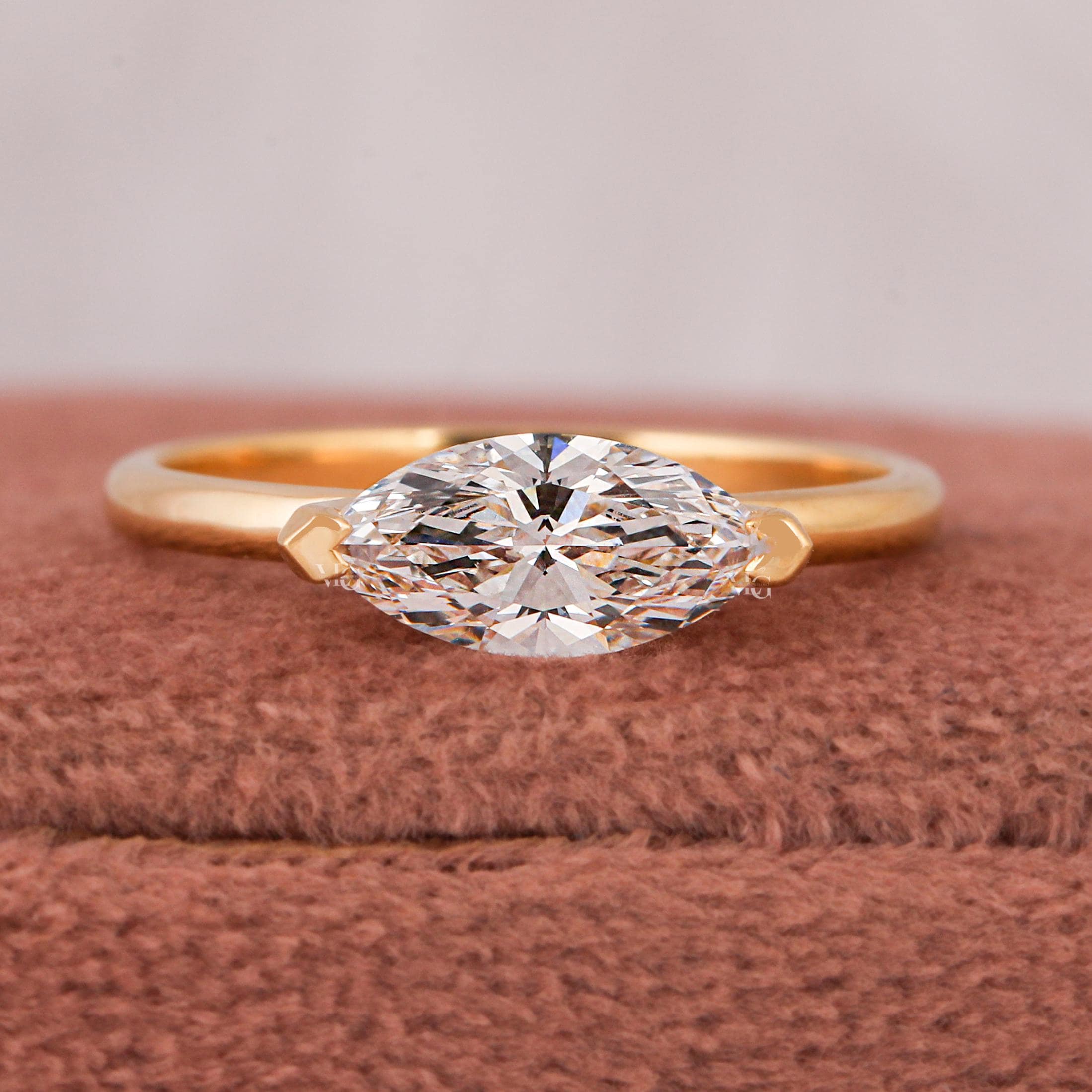 East West Marquise Lab Grown Diamond Engagement Ring: 18K Yellow Gold Solitaire
