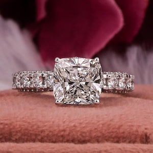 1ct - 3ct Cushion Cut Lab Grown Diamond Engagement Ring | Hidden Halo | Pave Band | Cushion Cut Diamond Ring |Bridal or Promise Ring for her