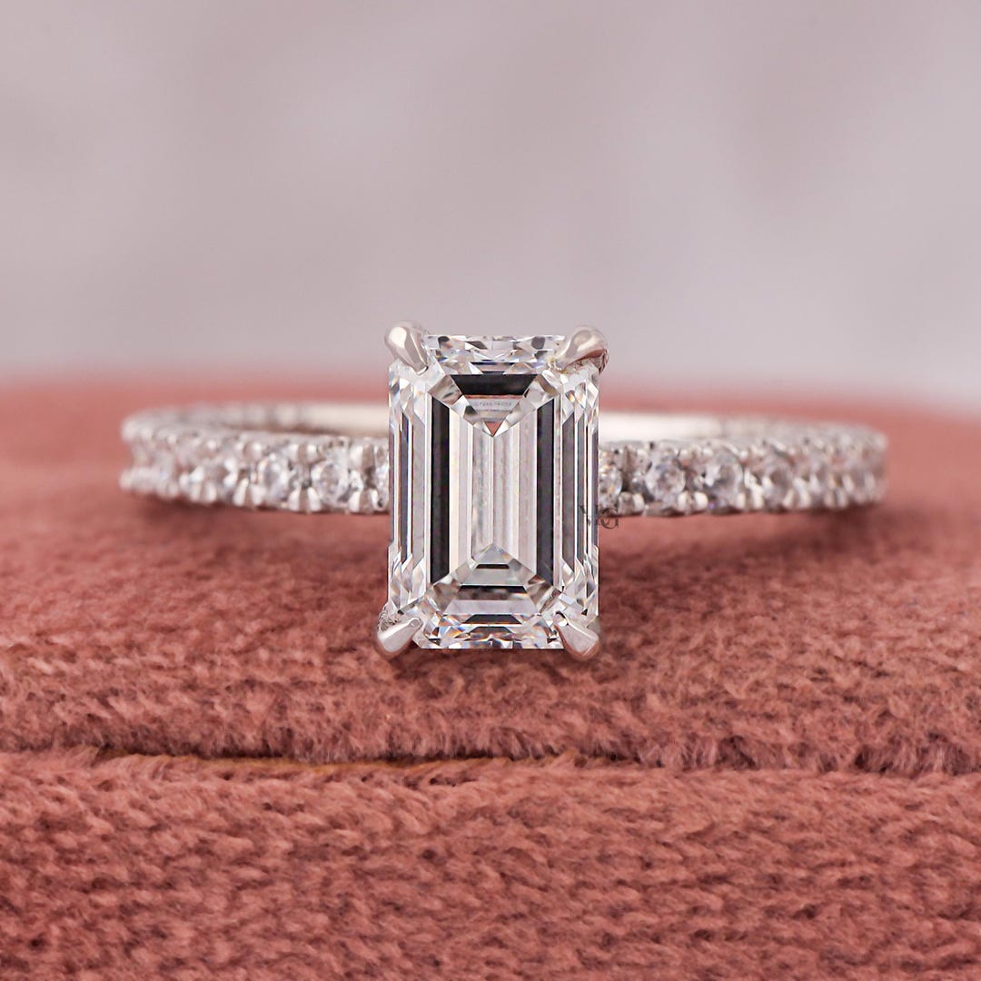 1 - 5 CT Emerald Cut Lab Grown Diamond Triple Pave Engagement Ring ...