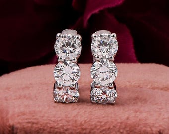 Lab Grown Diamond Huggie Earrings: Round Cut, Sterling Silver 14k White Gold