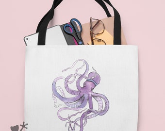 Womens tote bag,  Octopus lover gift bag, reusable, mom birthday gift bag watercolor art, Women Graphic Tote, grocery bag for library