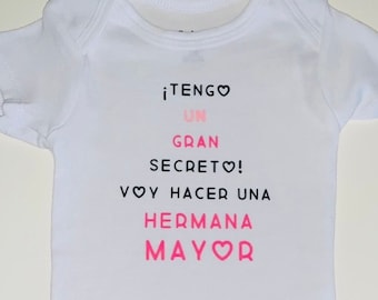 Anuncio de embarazo en español, body Tengo Una Sorpresa, promoción de hermana mayor en español, camiseta de bebé Hermana Mayor Big Secret