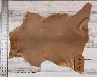 May include: A tanned leather hide with irregular edges, displaying a range of light brown hues. A small, rectangular tag with the text "GH038" is attached to the hide. The hide is laid on a light-colored, wooden surface.