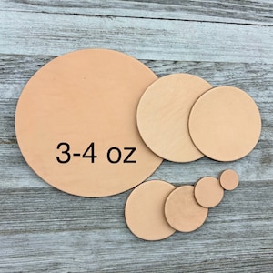 May include: A set of six round leather pieces in various sizes, ranging from small to large. The largest piece is labeled "3-4 oz".
