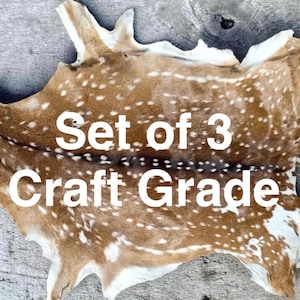 May include: A set of three animal hides featuring a brown coat with white spots and a dark brown central stripe. The text "Set of 3 Craft Grade" is overlaid in white across the center of the hides, which have irregular edges and a natural texture.