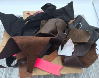 2lb Leather Scrap Bag, Random assortment, Small Leather Scraps and Trimmings, Various Leather Remnant Pieces.