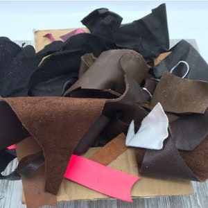 1lb-Scrap Leather bag, Random assortment, Small Leather Scraps and Trimmings, Various Leather Remnant Pieces.