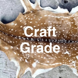 Puede incluir: Una piel de animal de color tostado con un patrón de manchas blancas y una franja central de color marrón oscuro. El texto "Craft Grade" está impreso en letras blancas en el centro de la piel, que tiene bordes irregulares y textura natural.