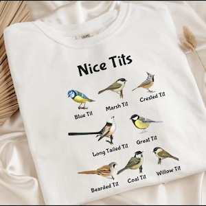 May include: White t-shirt with the text "Nice Tits" printed on it.  Below the text are illustrations of different types of birds with their names: Blue Tit, Marsh Tit, Crested Tit, Long Tailed Tit, Great Tit, Bearded Tit, Coal Tit, and Willow Tit.