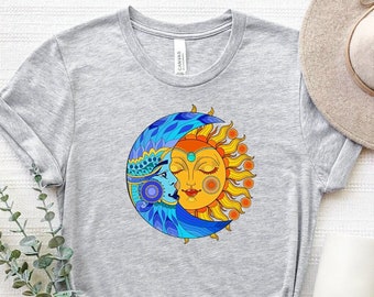 Boho Sun And Moon Face Shirt, Boho Vintage Sun And Moon T-Shirt, Hippie Festival Sun Shirt, Mistyczna Spiritual Shirt, Tarot Card Shirt