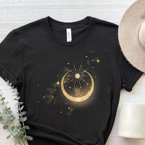 Sun And Moon Galaxy Shirt, Golden Sun And Moon T-Shirt, Sun Moon Mystical Tee, Space Stars Shirt, Crescent Stars T-Shirt, Celestial T-Shirt