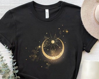 Sun And Moon Galaxy Shirt, Golden Sun And Moon T-Shirt, Sun Moon Mystical Tee, Space Stars Shirt, Crescent Stars T-Shirt, Celestial T-Shirt