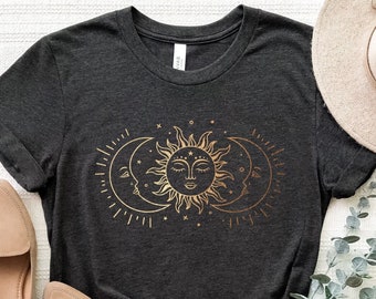 Golden Sun And Moon Shirt, Mystic Moon And Sun Shirt, Mystical Moon Phase Shirt, Moon Phase Tee, Crescent Moon Shirt, Boho Spiritual T-Shirt