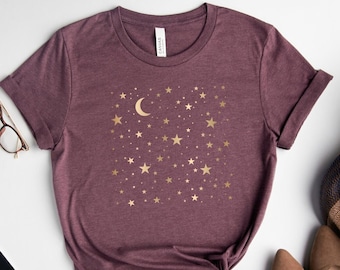 Gold Moon And Stars Shirt, Stars T-Shirt, Mystical Stars And Moon T-Shirt, Crescent Shirts, Magical Stars Shirt, Star Mystic Tee, Space Tee