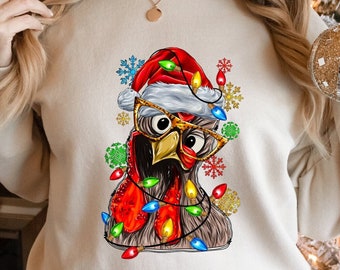 Chicken Christmas Lights Sweatshirt, Christmas Farm Animals Sweater, Womens Christmas Chicken Hoodie, Cute Holiday Chicken Shirt, Xmas Tee