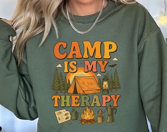 Sweatshirt kamperen is mijn therapie, grappige campingtrui, hoodie kampliefhebber, happy campershirt, shirt campingploeg, groepscamping-T-shirts
