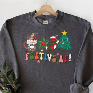 Festive Af Christmas Sweatshirt, Christmas Coffee Latte Sock Tree Sweater, Christmas Festive Af Hoodie, Christmas Party Sweaters, Xmas Shirt