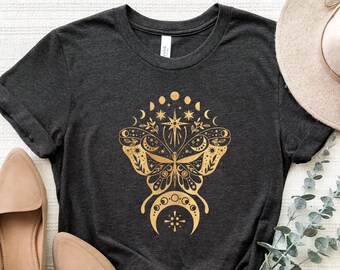 Celestial Butterfly Shirt, Mystical Butterfly Shirt, Mystic Sun And Moon Shirt, Mystical Moon Phase T-Shirt, Crescent Tee, Magical Moon Tee