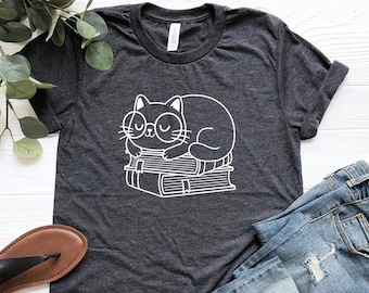 Cat Sleeping On Books Shirt, Cat And Book T-Shirt, Book Lover Shirt, Funny Reading Shirt, Funny Cat Tee, Nap Cat Shirt, Book Nerd Shirt