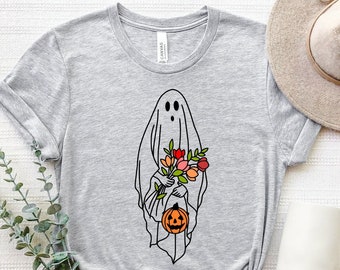 Floral Ghost Shirt, Halloween Ghost Shirt, Cute Ghost T-Shirt, Autumn Shirt, Trick Or Treat Shirt, Halloween Pumpkin Gift, Spooky Shirt