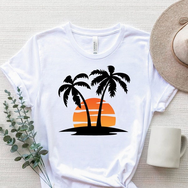 Retro Tropical Sunset Shirt, Sunset And Palms Shirt, Palm Tree T-Shirt, Palm Beach Shirt, Sunset Beach Tee, Summer Shirt, Nature T-Shirt