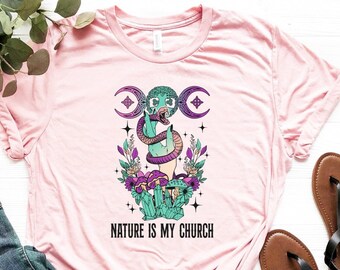 Bohemian Snake Crystal Moon Shirt, Nature Is My Church Shirt, Mystical Snake T-Shirt, Spiritual Witchy Tee, Botanical Shirt, Boho Moon Shirt