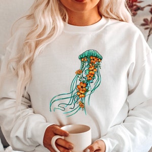 Jellyfish Sweatshirt, Cute Jellyfish Sweater, Ocean Life Jellyfish Shirt, Under The Sea Hoodie, Nautical Shirt, Floral Jellyfish Hoodie