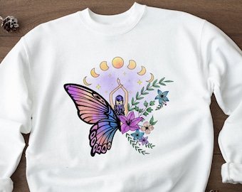 Sudadera de mujer Butterfly Moon Phases, Mystical Butterfly Witchy Shirt, Mystic Moon Butterfly Sweater, Celestial Moon Boho Butterfly Hoodie
