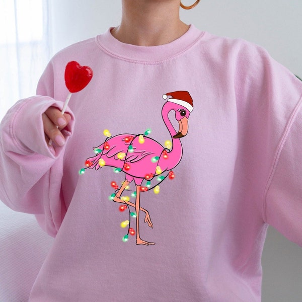 Chemise Flamingo de Noël, Flamingo Lumières de Noël Sweater, T-shirt Flamingo, Pull drôle d’animal de Noël, Chemise Funny Flamingo, Tee de Noël