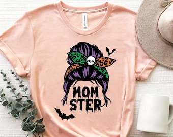 Momster Messy Bun Shirt, Halloween Momster T-Shirt, Halloween Mom Shirt, Spooky Mommy Shirt, Halloween Mom Gift, Momster Tee, Scary Mom Gift