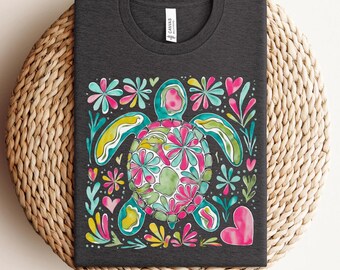 Camiseta bohemia con estampado floral de tortuga, playera náutica, playera estética de verano, playera de verano, playera con estampado de tortuga, playera con estilo veraniego para mujer