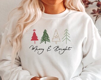 Merry And Bright Christmas Trees Sweatshirt, Christmas Trees Sweater, Christmas Hoodie, Merry Christmas Shirt, Christmas Women Gift Hoodie