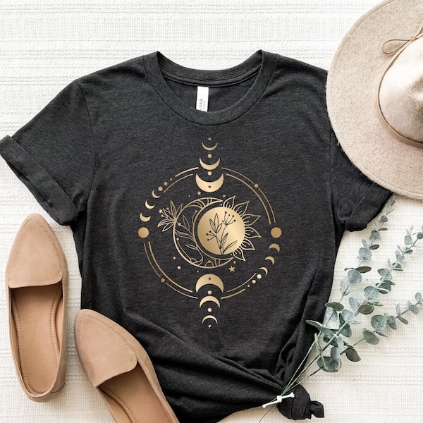 Mystic Moon En Zon Shirt, Mystieke Maan Fase Shirt, Moon Phase T-Shirt, Boho Vintage Moon Shirt, Hemelse Maan Shirt, Spirituele T-Shirt