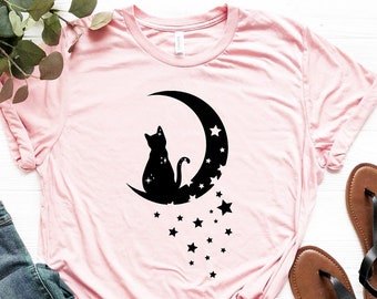 Cat In The Moon Shirt, Ornamental Cat T-Shirt, Moon And Stars Shirt, Decorative Moon Tee, Aesthetic Cat Shirt, Kitten Tee, Cat Lover Gift