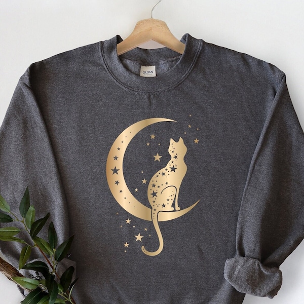 Celestial Cat Sweatshirt, Mystic Cat And Moon Sweatshirt, Mystical Cat Moon Shirt, Cat Lover Gift Shirt, Witchy Moon Cat Sweater, Cat Hoodie