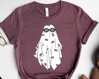 Blommig spök-T-shirt, Halloween-tröja, cool spök-T-shirt, höst-T-shirt, läskig säsong-T-shirt, bus-or-treat-T-shirt, rolig Halloween-gåva-T-shirt
