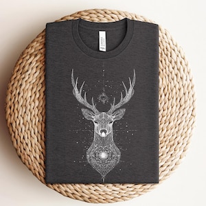 Deer Spirit Shirt, Celestial Animal T-Shirt, Minimal Line Art Stag Shirt, Reindeer Shirt, Camping Shirt, Nature Lover Shirt, Deer T-Shirt