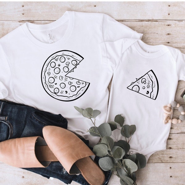 Pizza And Pizza Slice Matching Family Shirts, Baby Bodysuit Dad T-Shirt Set, Dad And Son Daughter Shirts, Parents And Kids Shirt Set