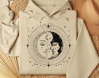 Mystic Moon And Sun Sweatshirt, Mystical Women Sweater, Moon Phase T-Shirt, Boho Vintage Moon Shirt, Witchy Hoodie, Spiritual Moon Shirt