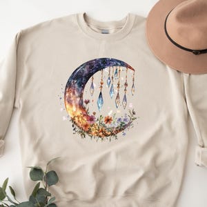 Crescent Moon Crystals Sweatshirt, Moon Celestial Sweater, Mystical Fairycore Shirt, Floral Mystic Moon Hoodie, Celestial Gifts Shirts
