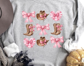 Pink Bow Cowgirl Boots Sweatshirt, Country Concert Sweater, Western Graphic Shirt, Country Boots Shirt, Pink Coquette Cowgirl Boots Hoodie