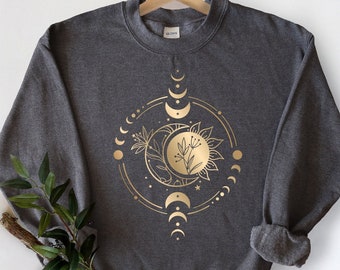 Mystic Moon And Sun Sweatshirt, Mystical Moon Phase Sweater, Moon Phase Sun Hoodie, Boho Celestial Moon Sweatshirt, Spiritual Sweatshirt