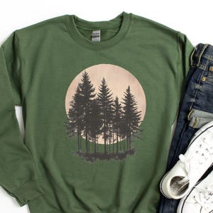Retro tröja med solnedgångstallar, talltröja, hoodie med bergsskog, retro skogströja, friluftströja, campingtröja