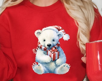 Sweat-shirt ours polaire de Noël, pull ours de Noël, sweat à capuche cadeau ours polaire mignon, chemise ours polaire de Noël, pull d’hiver, sweat à capuche de vacances