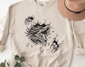 Vintage drakentrui, trui draak op de muur, donker middeleeuws shirt, kunstzinnig drakenshirt, cadeau-fantasielezer, Castlecore draken-T-shirt