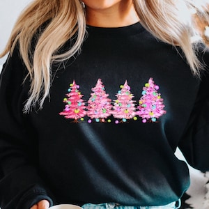 Christmas Pink Trees Sweatshirt, Pink Xmas Tree Lights Sweater, Pink Pines Sweater, Cute Xmas Girl Shirt, Womens Christmas Hoodie, Xmas Tee